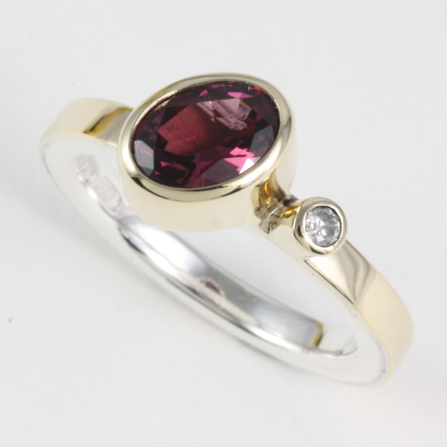 Silver, gold, diamond and rhodolite garnet ring by Leigh Fotheringham