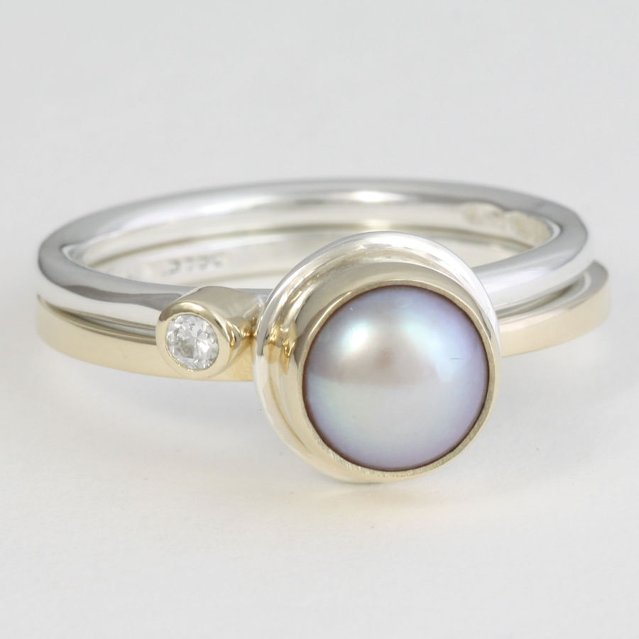 stacking rings with diamond and pearl handmade jewellery