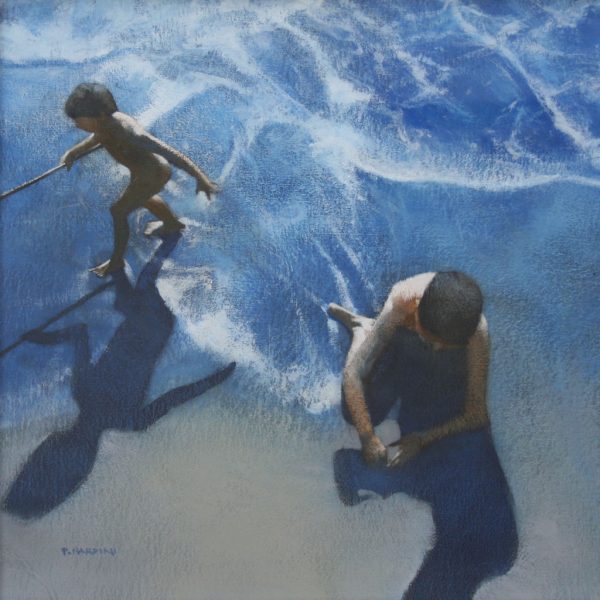 painting of brothers playing on beach