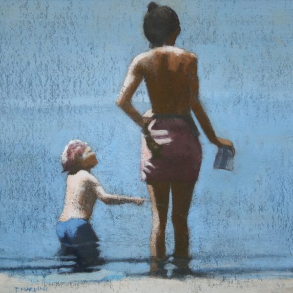 painting of woman and child on beach