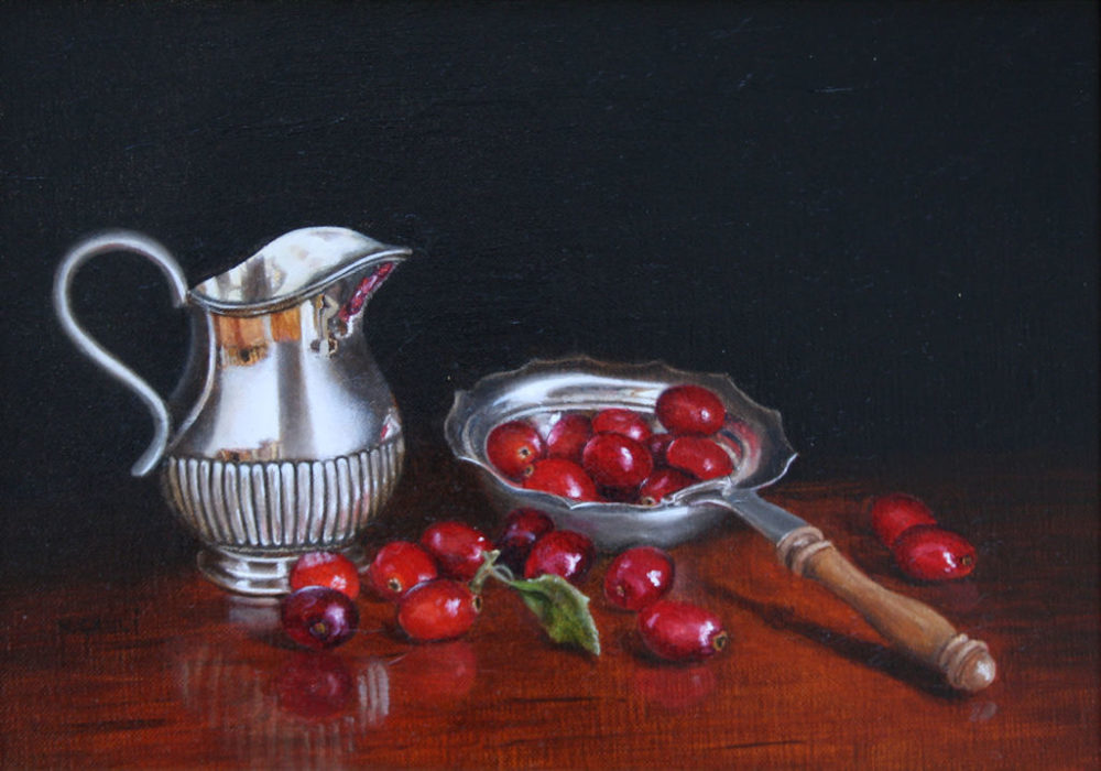 original oil painting of cranberries and silver jug