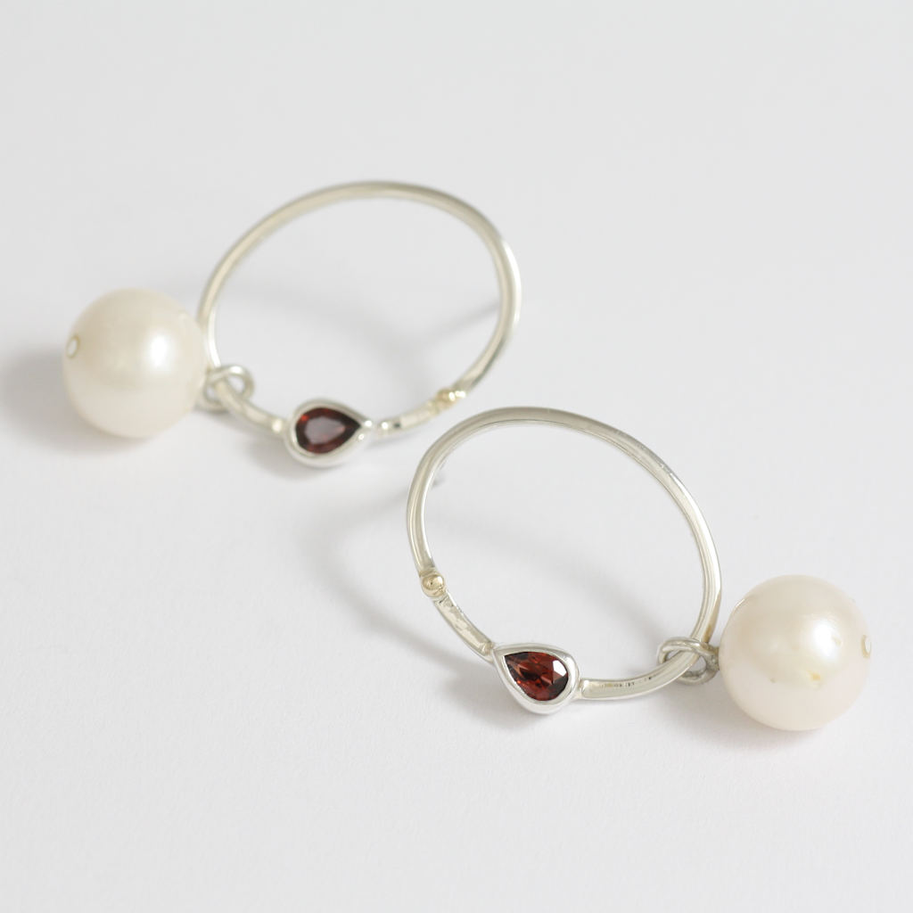 Silver, Gold, Garnet and Pearl Oval Earrings