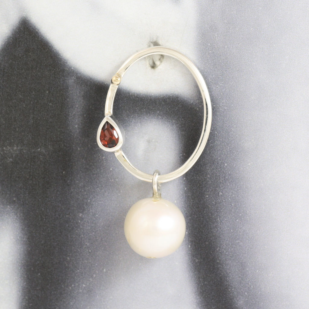 Silver, Gold, Garnet and Pearl Oval Earrings