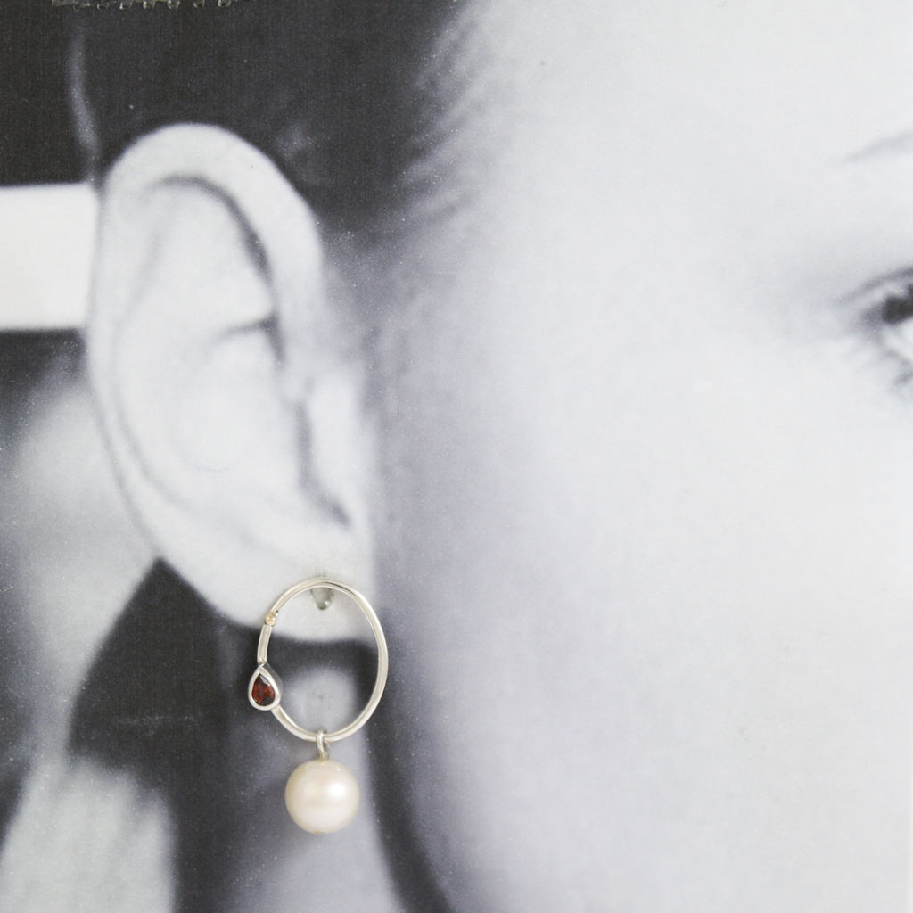 Silver, Gold, Garnet and Pearl Oval Earrings