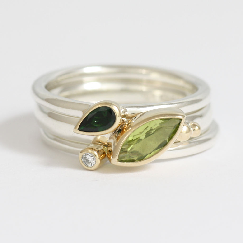 Set of Three Silver, Gold, Diamond, Tourmaline and Peridot Rings