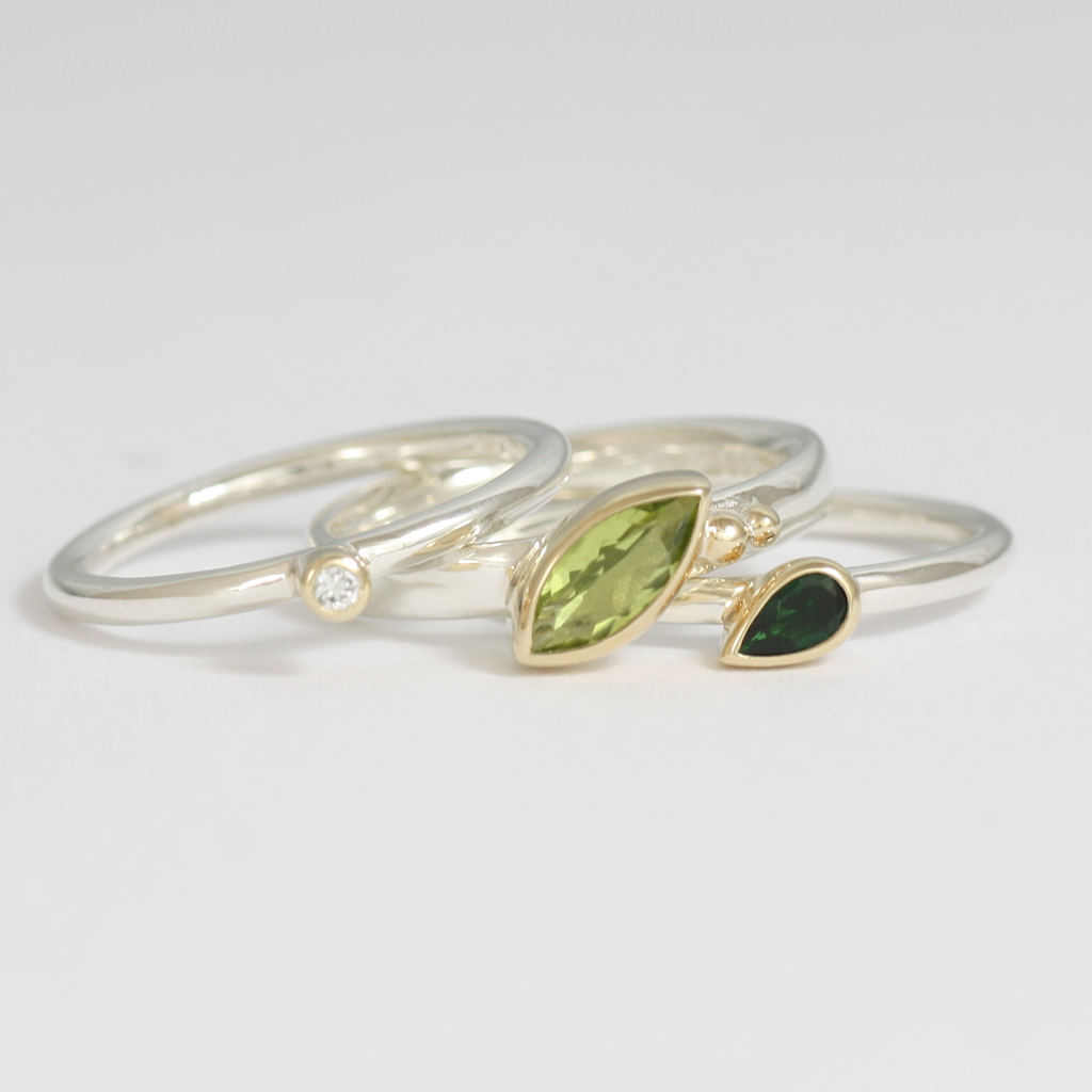 Set of Three Silver, Gold, Diamond, Tourmaline and Peridot Rings