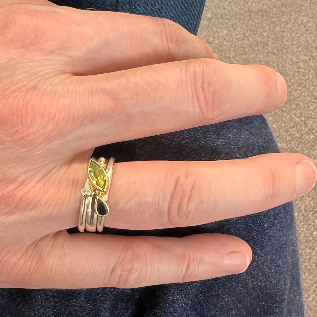 Set of Three Silver, Gold, Diamond, Tourmaline and Peridot Rings