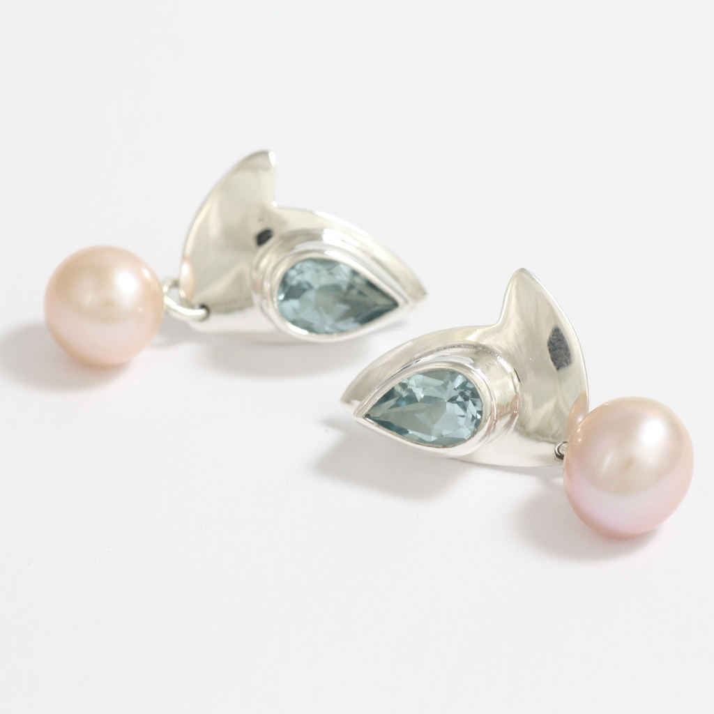 Silver, Topaz and Pink Pearl Earrings