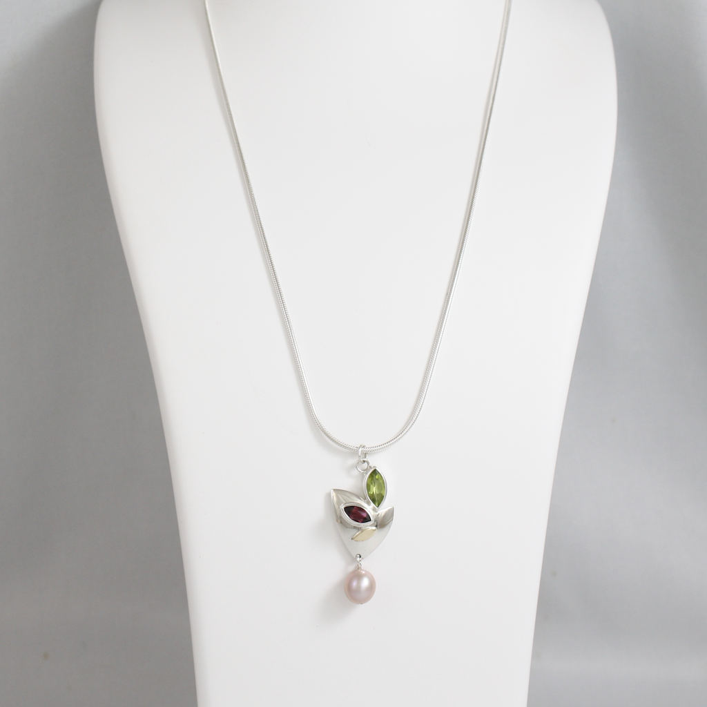 Silver, Gold, Rhodolite Garnet, Peridot and Pink Pearl Necklace