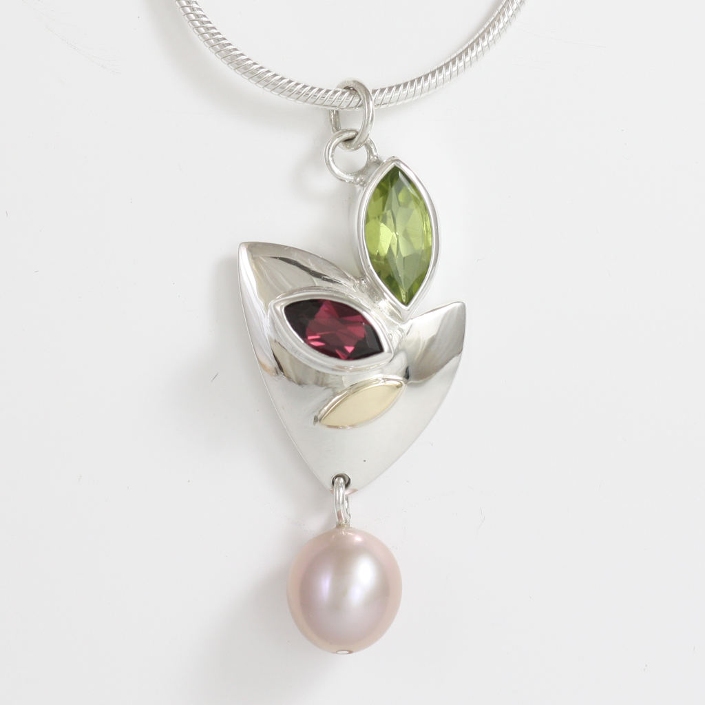 Silver, Gold, Rhodolite Garnet, Peridot and Pink Pearl Necklace