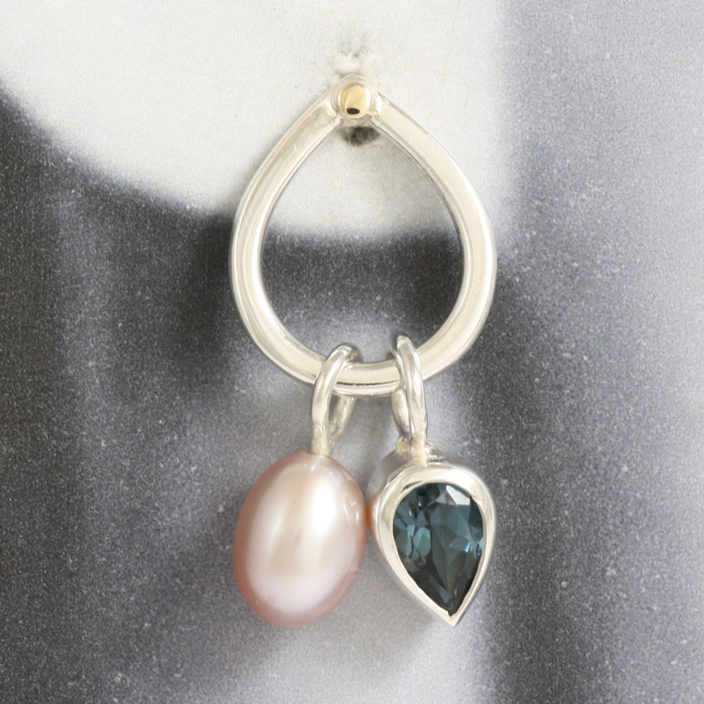 Silver, Gold, Pink Pearl and Blue Topaz Earrings