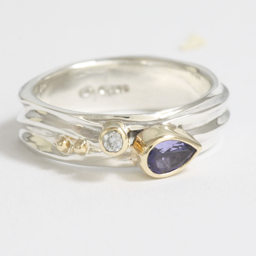 Silver, Gold, Diamond and Tanzanite Ring