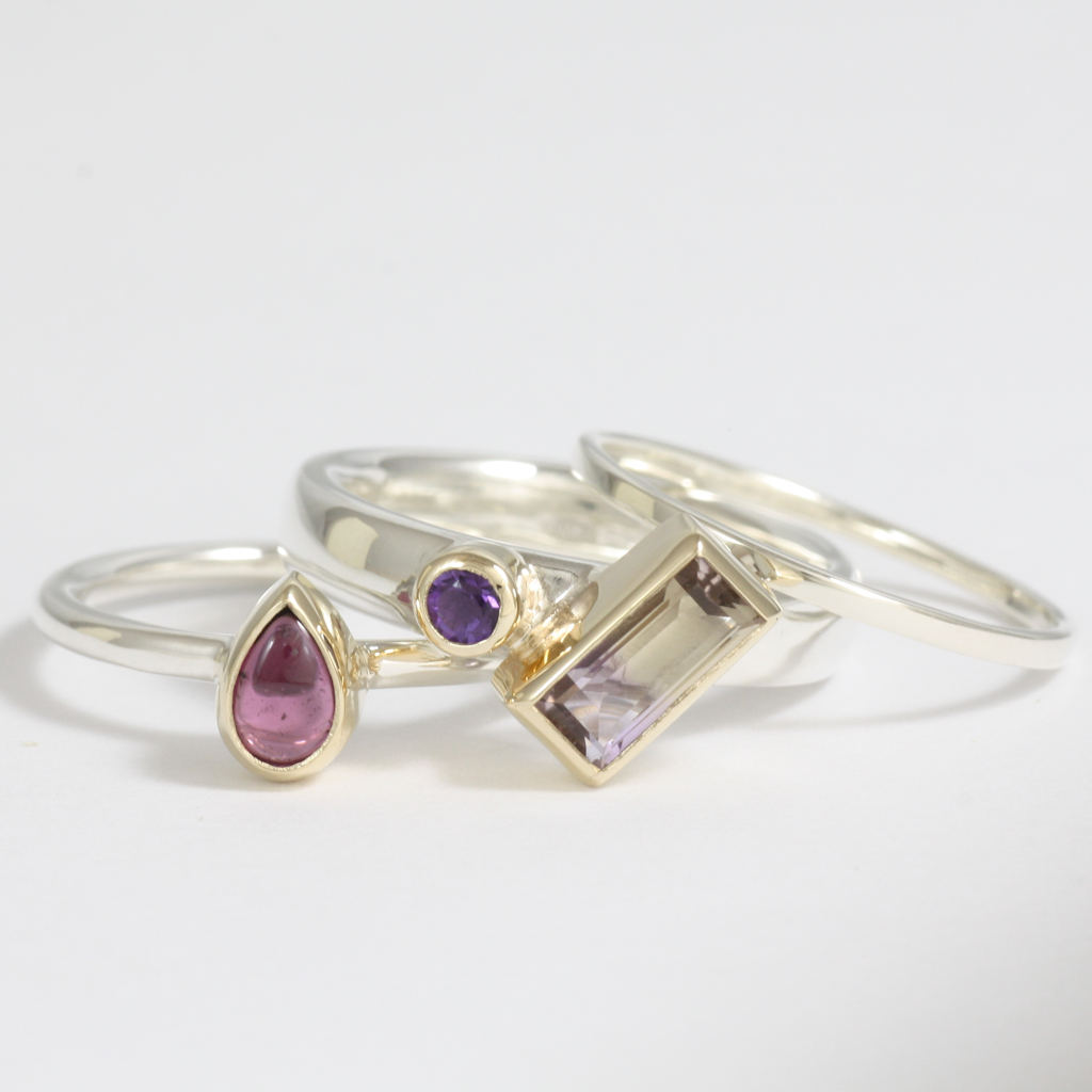 Set of Three Silver, Gold, Ametrine, Rhodolite Garnet and Amethyst Rings
