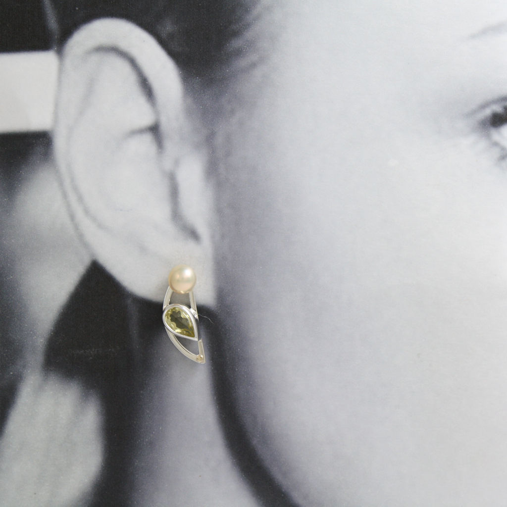 Silver, Gold, Lemon Quartz and Pink Pearl Earrings