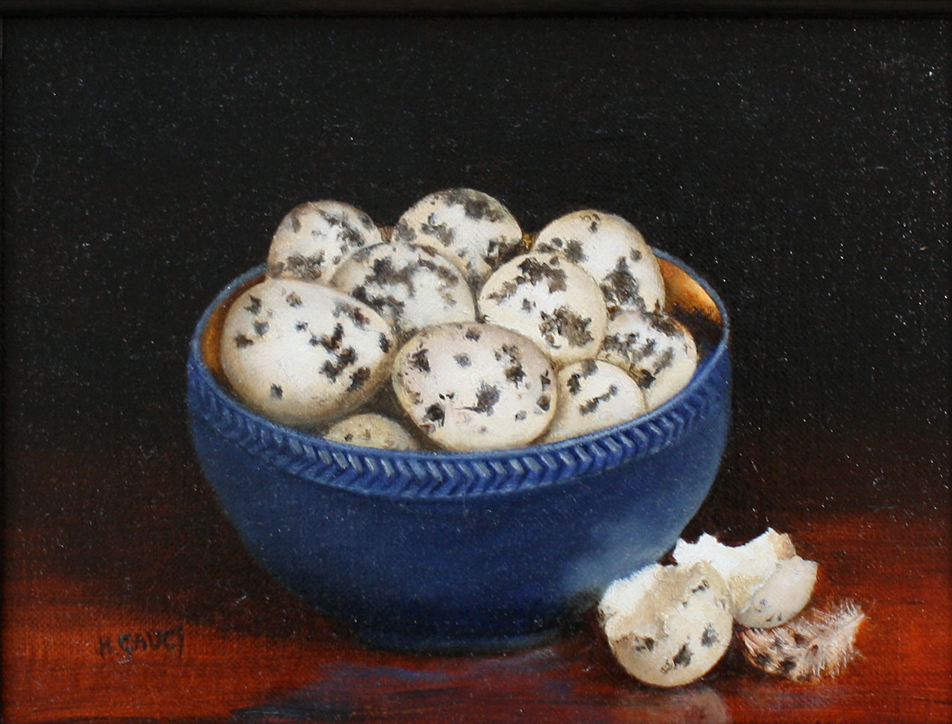 Quails Wggs in Wedgewood Bowl by Hilary Gauci