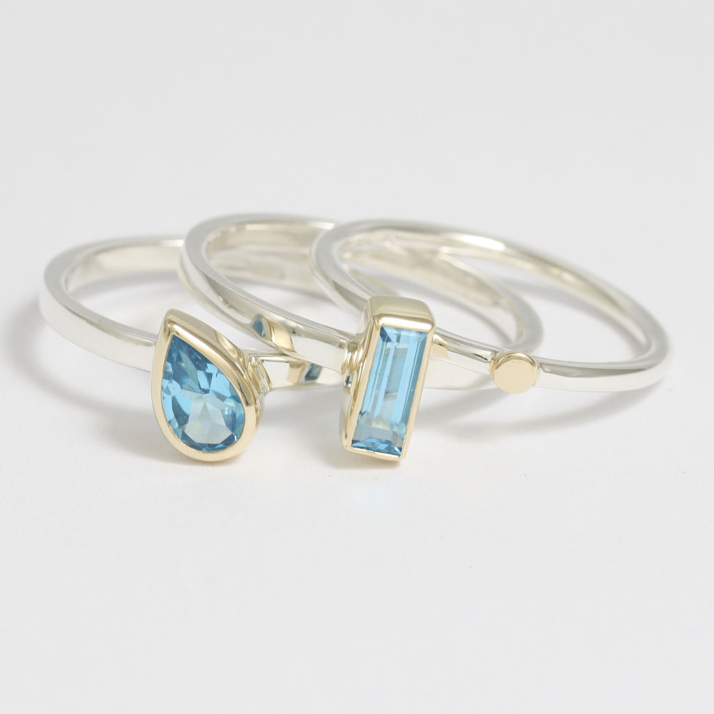 Set of Three Silver, Gold and Blue Topaz Rings