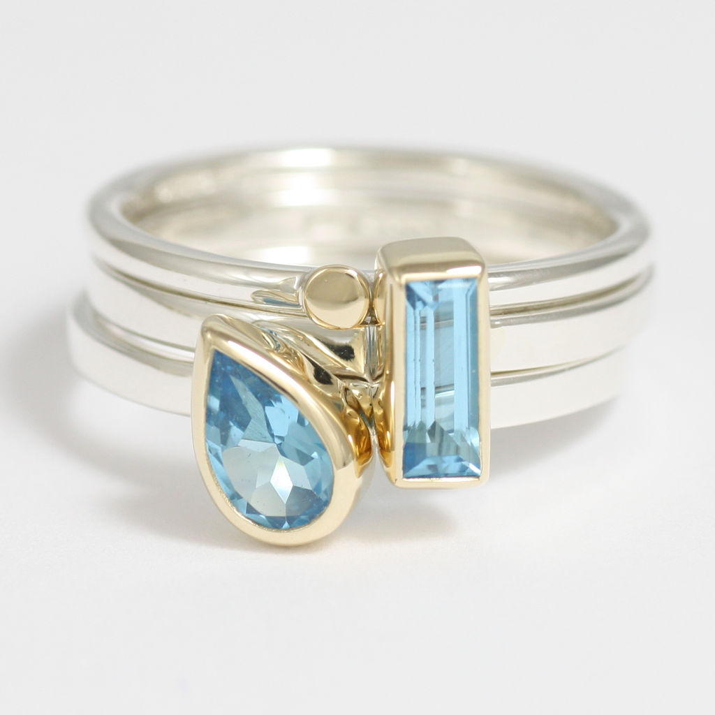 Set of Three Silver, Gold and Blue Topaz Rings