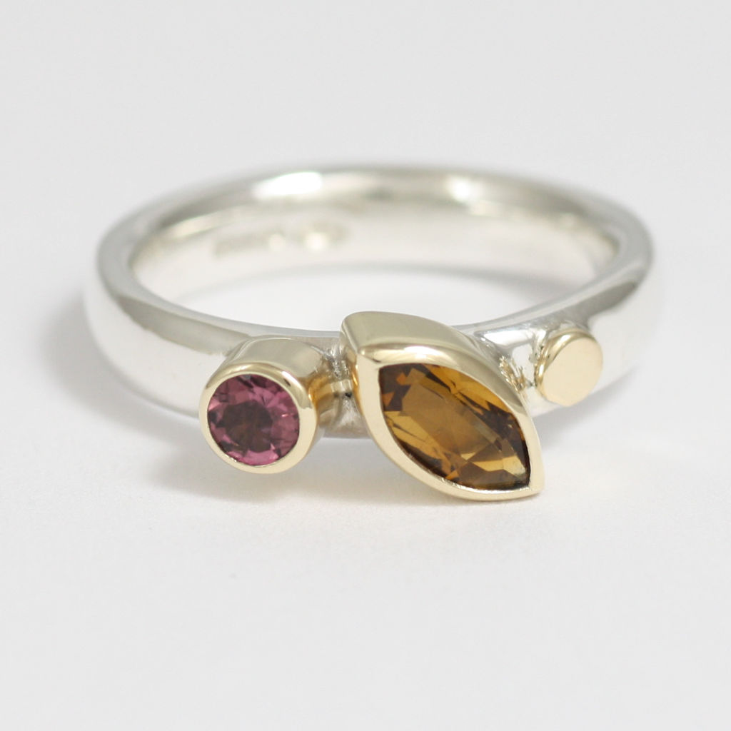Silver, Gold, Citrine and Rhodolite Garnet Ring