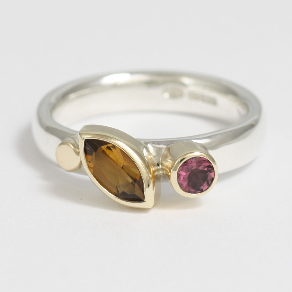 Silver, Gold, Citrine and Rhodolite Garnet Ring