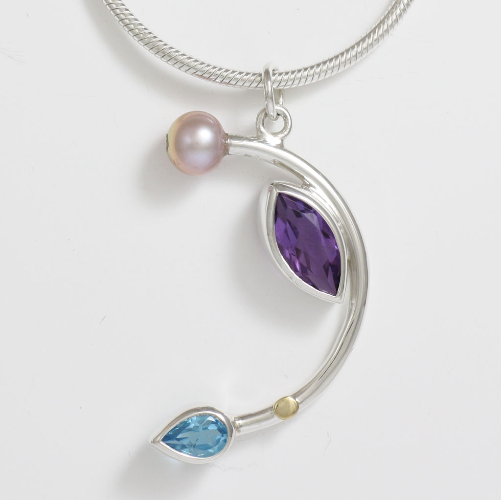 Silver, Gold, Pink Pearl, Amethyst and Blue Topaz Necklace