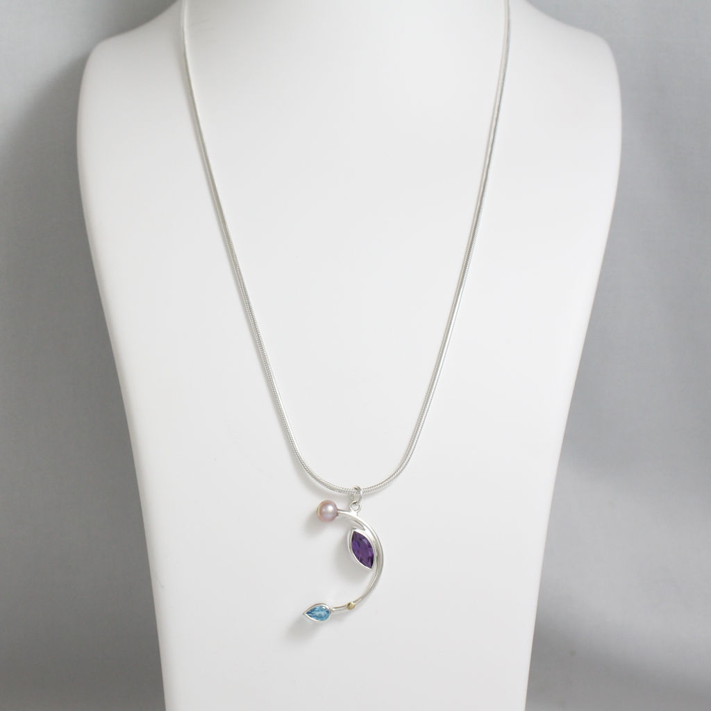 Silver, Gold, Pink Pearl, Amethyst and Blue Topaz Necklace