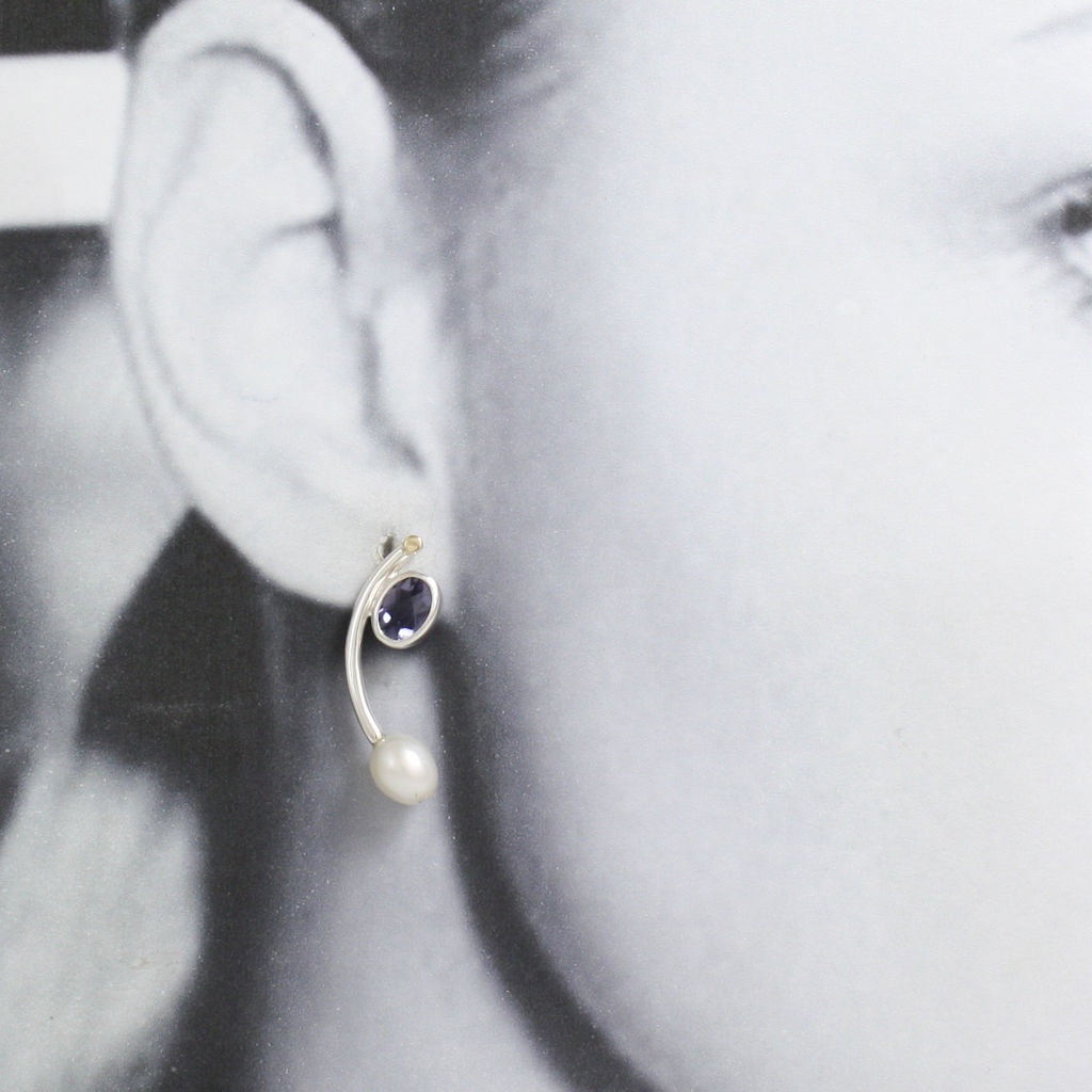 Silver, Gold, Iolite and Pearl Earrings
