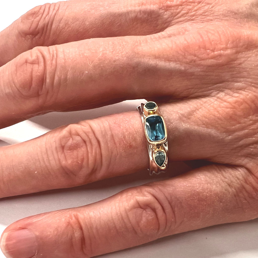 Silver, Gold, Topaz and Beryl Ring
