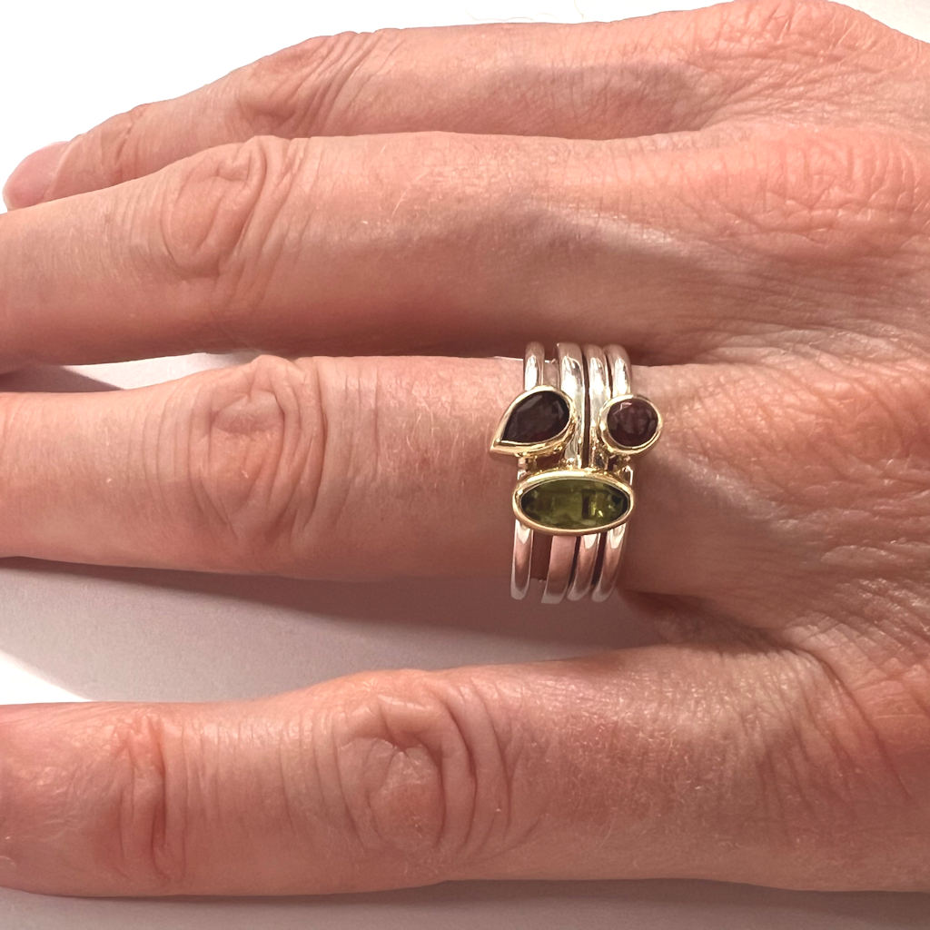 Set of Four Silver, Gold, Peridot and Rhodolite Garnet Rings