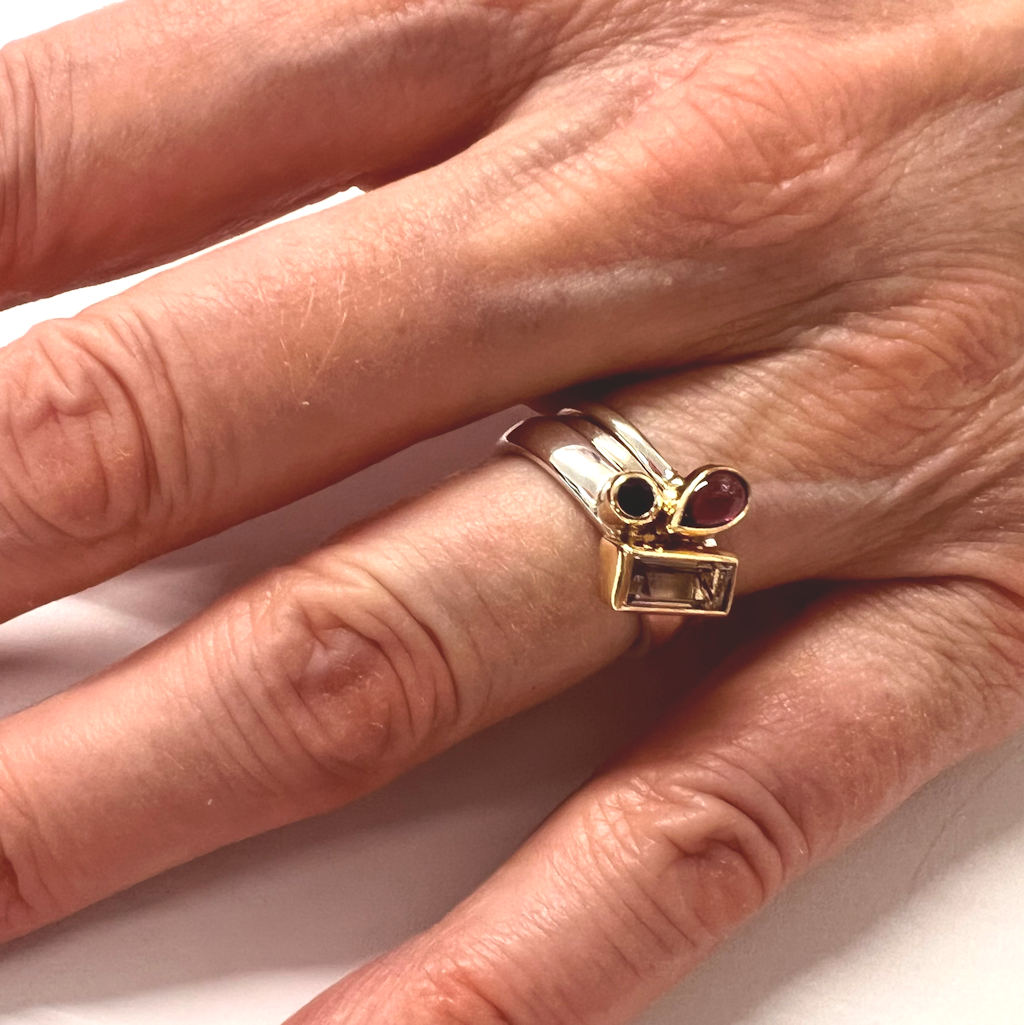 Set of Three Silver, Gold, Ametrine, Rhodolite Garnet and Amethyst Rings