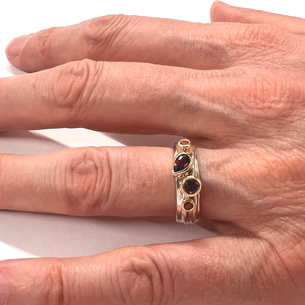 Silver, Gold, Sapphire and Rhodolite Garnet Ring