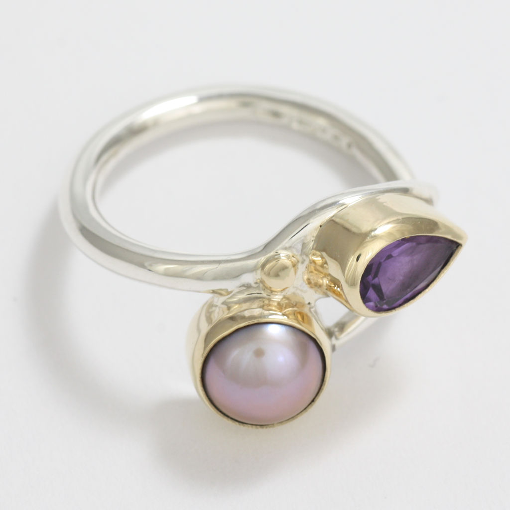 Silver, Gold, Pink Pearl and Amethyst Ring