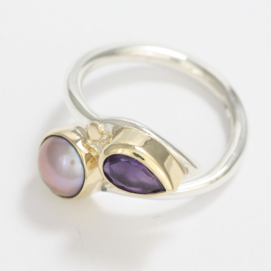 Silver, Gold, Pink Pearl and Amethyst Ring
