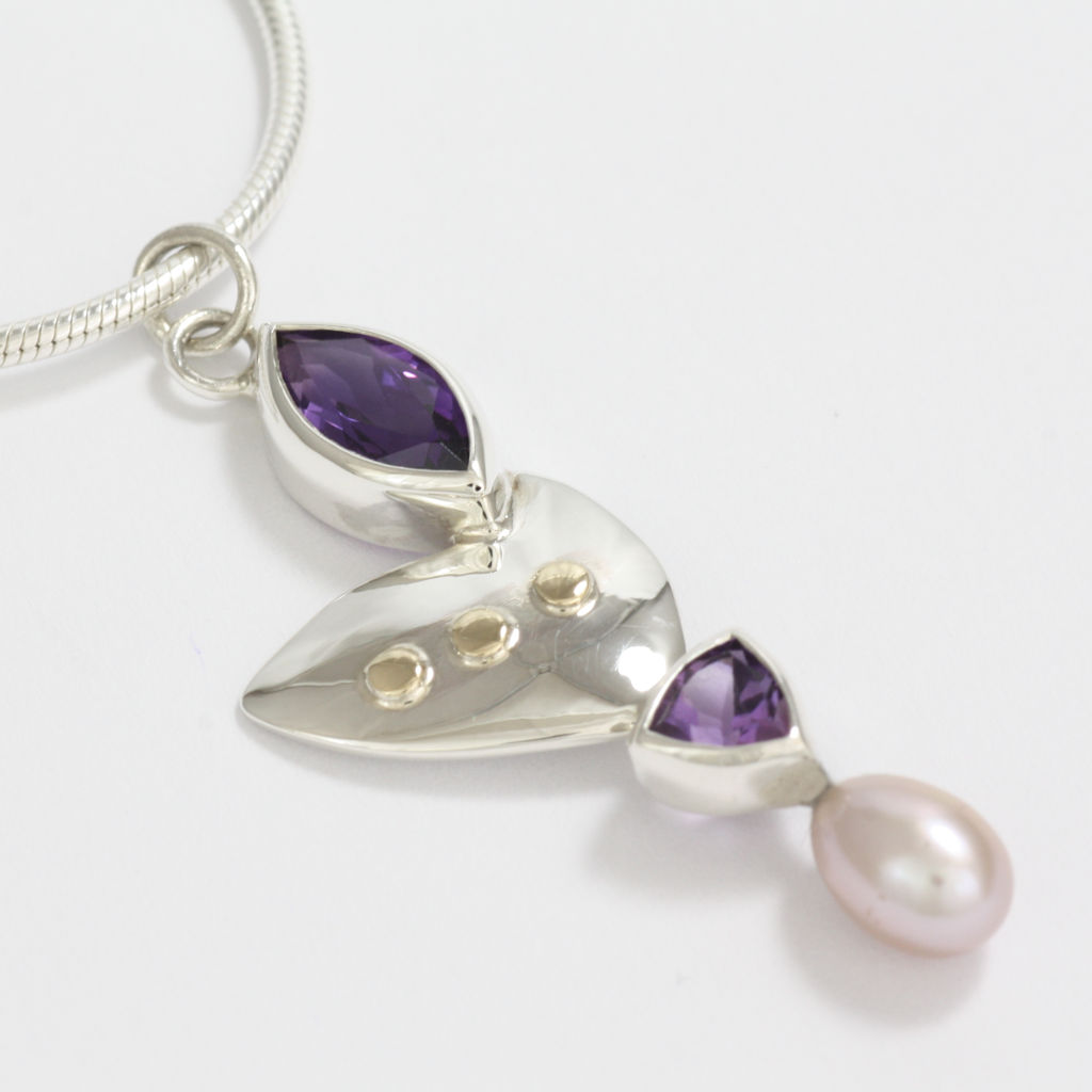 Silver, Gold, Pink Pearl and Amethyst Necklace