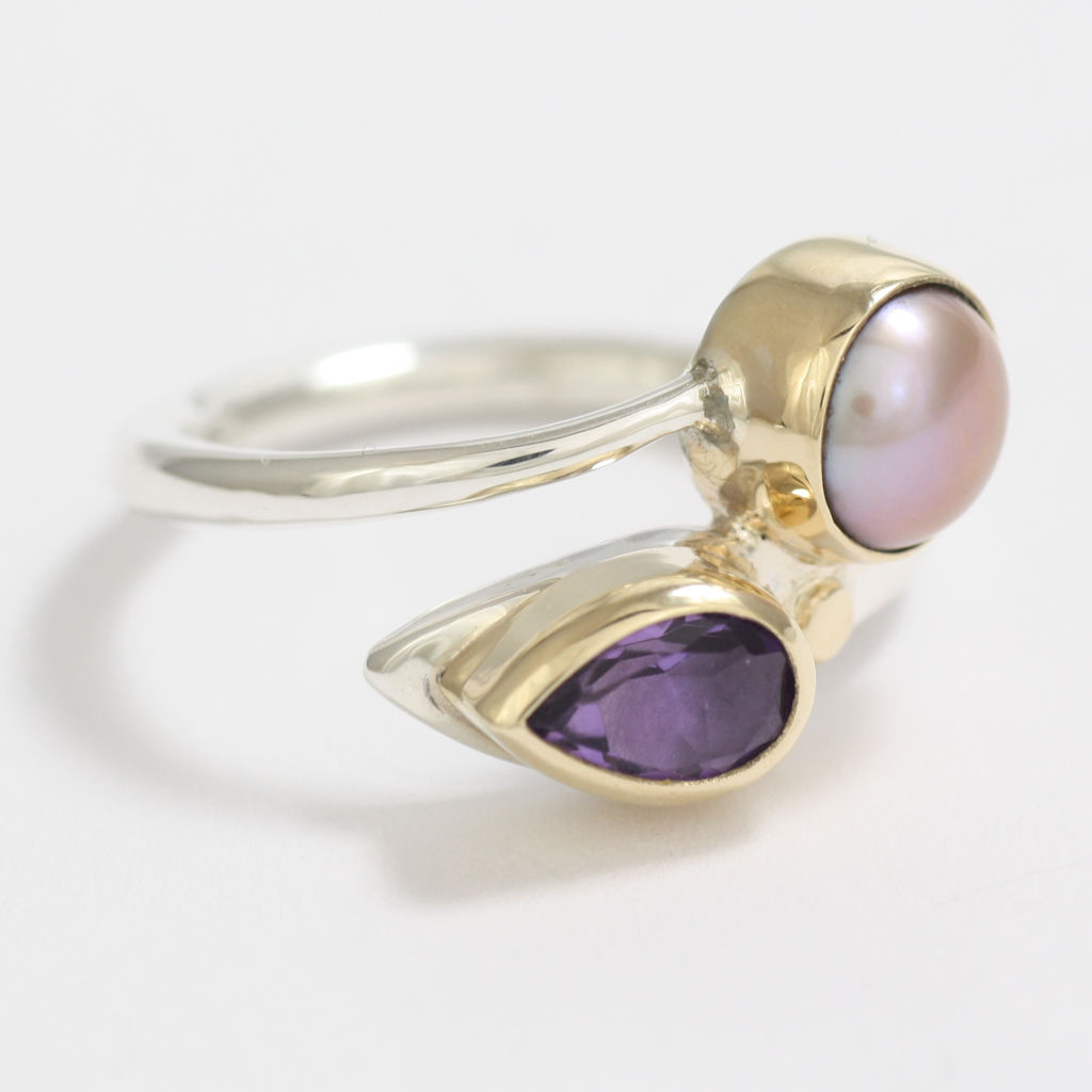 Silver, Gold, Pink Pearl and Amethyst Ring