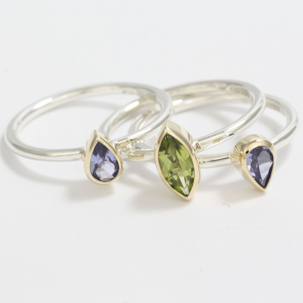 Set of Three Silver, Gold,Peridot and Tanzanite Rings