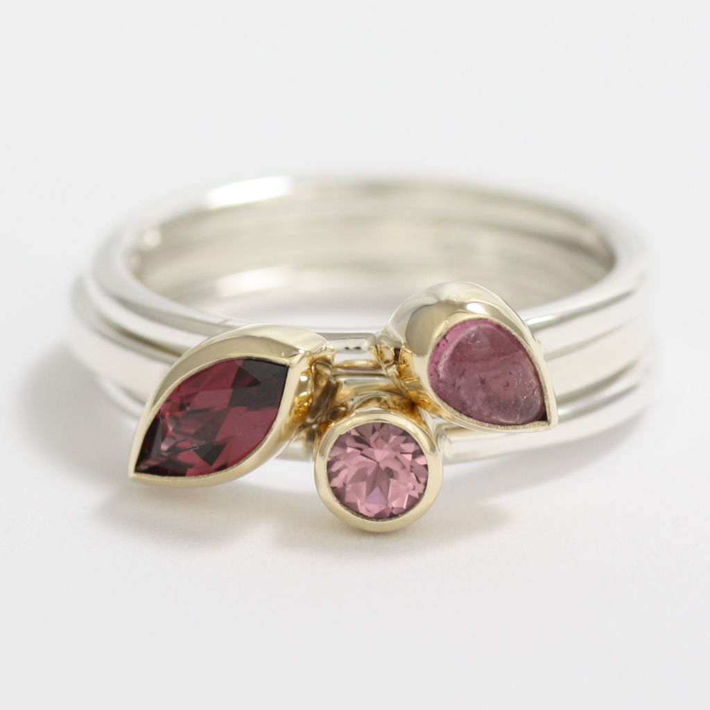 Set of Three Silver, Gold, Pink Tourmaline and Rhodolite Garnet Rings