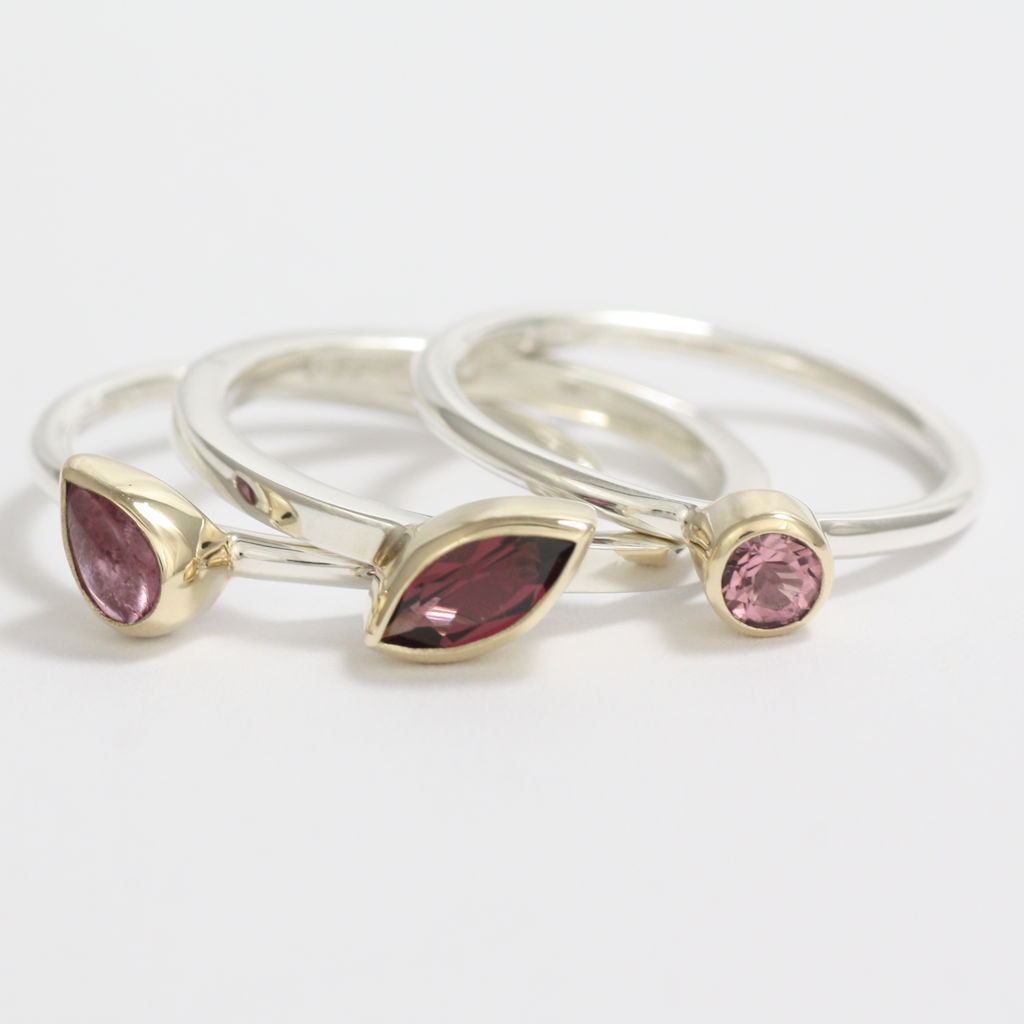 Silver, Gold, Rhodolite Garnet and Pink Tourmaline Rings