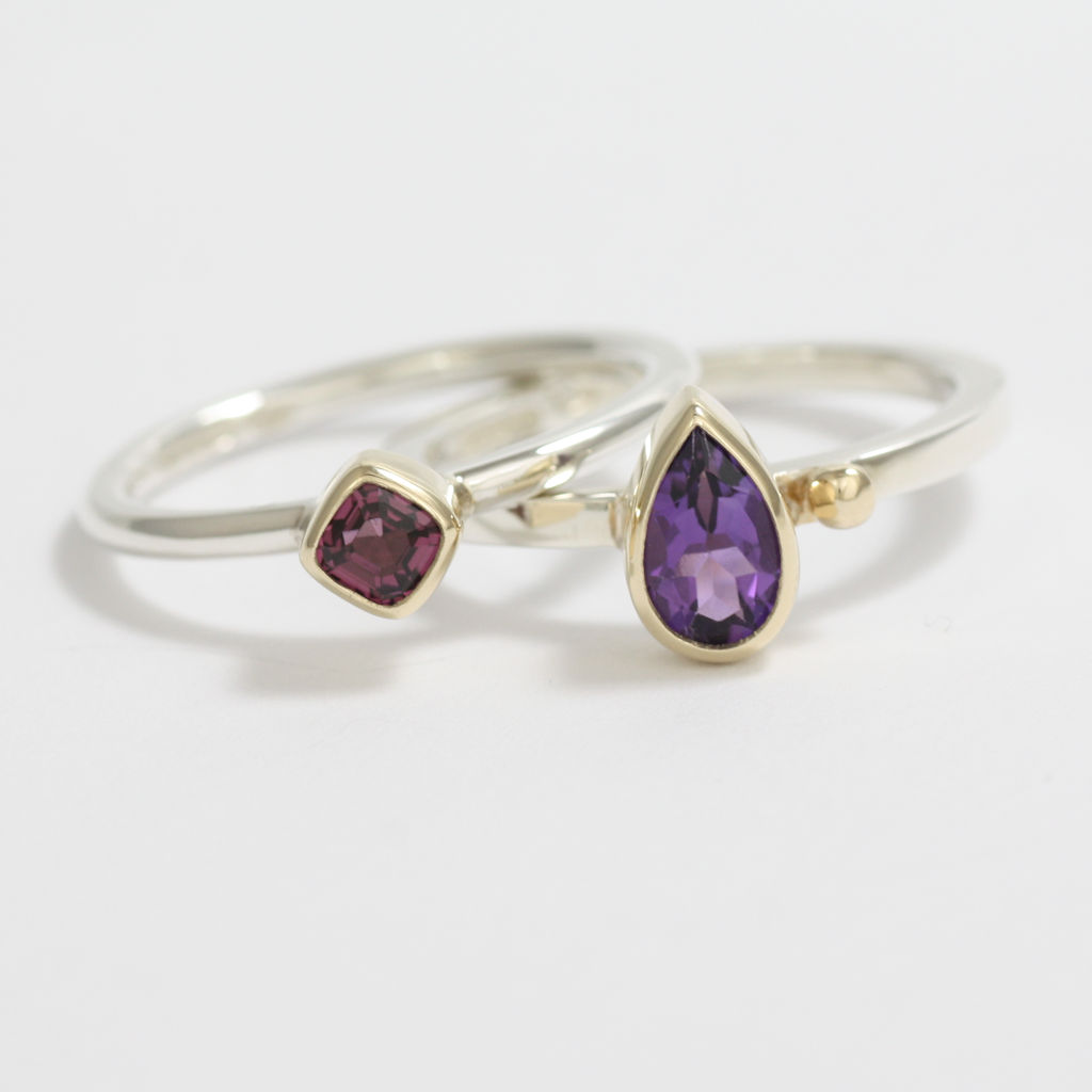Pair of Silver, Gold, Amethyst and Rhodolite Garnet Rings