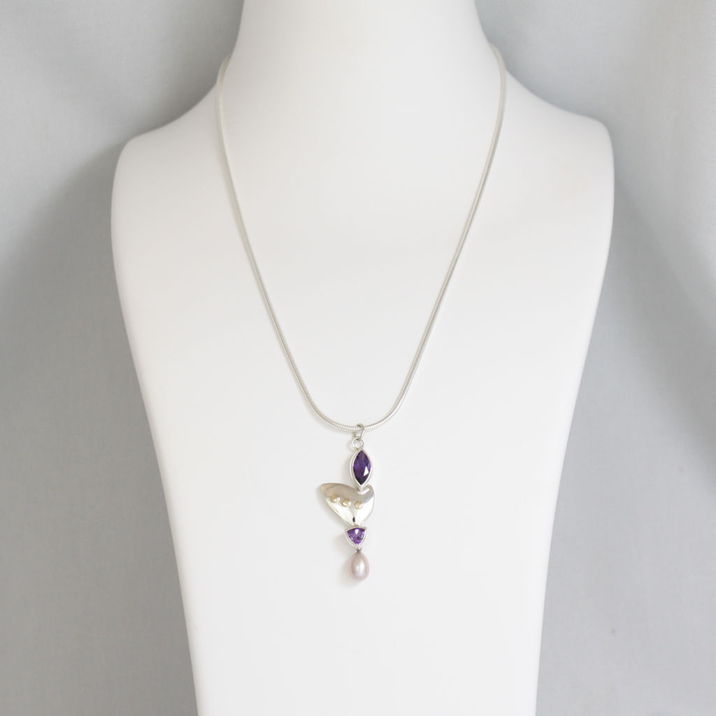 Silver, Gold, Pink Pearl and Amethyst Necklace