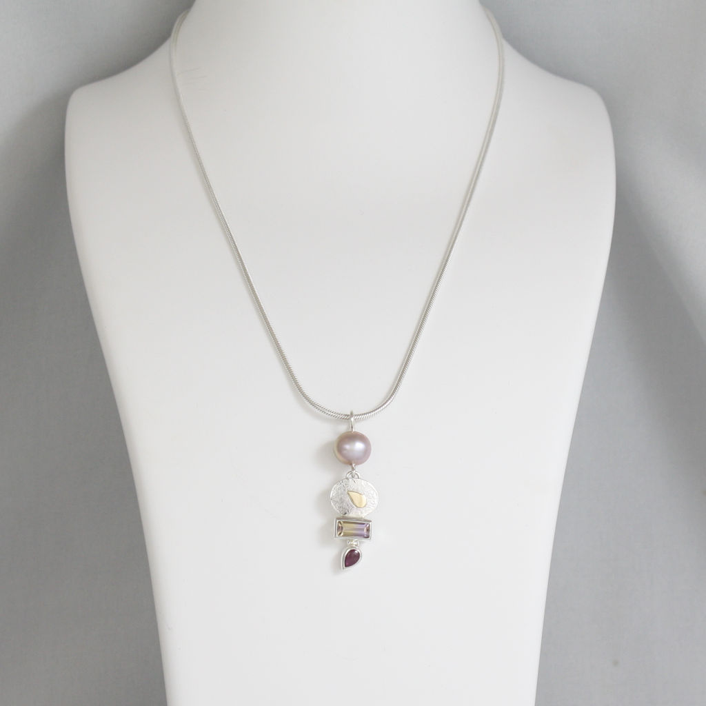 Silver, Gold, Ametrine, Garnet and Pearl Necklace
