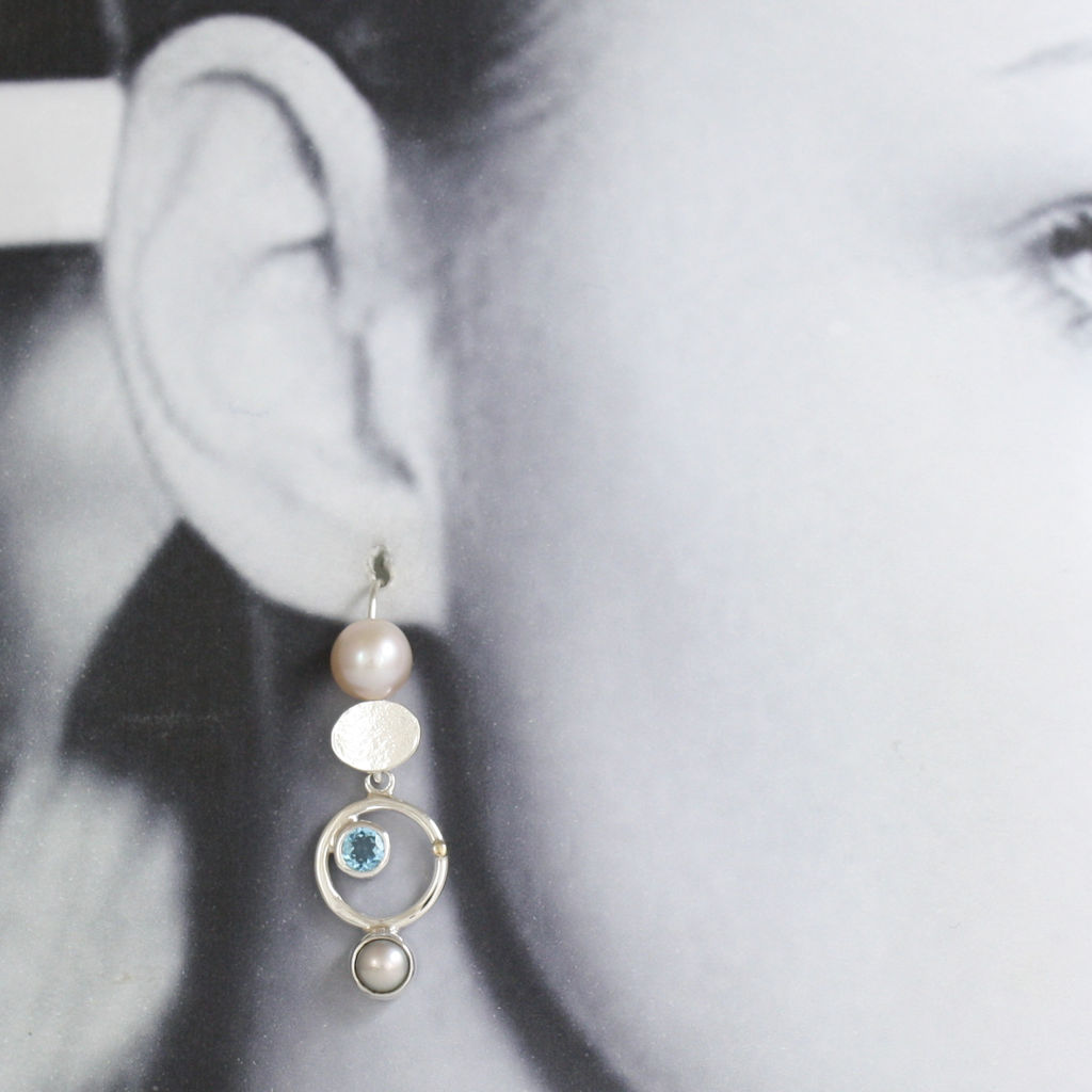 Silver, Gold, Pearl and Blue Topaz Earrings