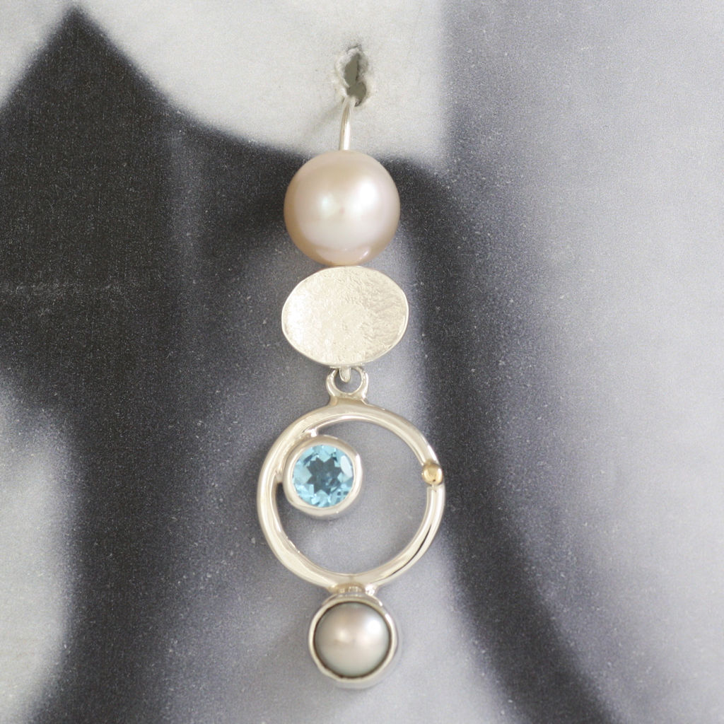 Silver, Gold, Pearl and Blue Topaz Earrings