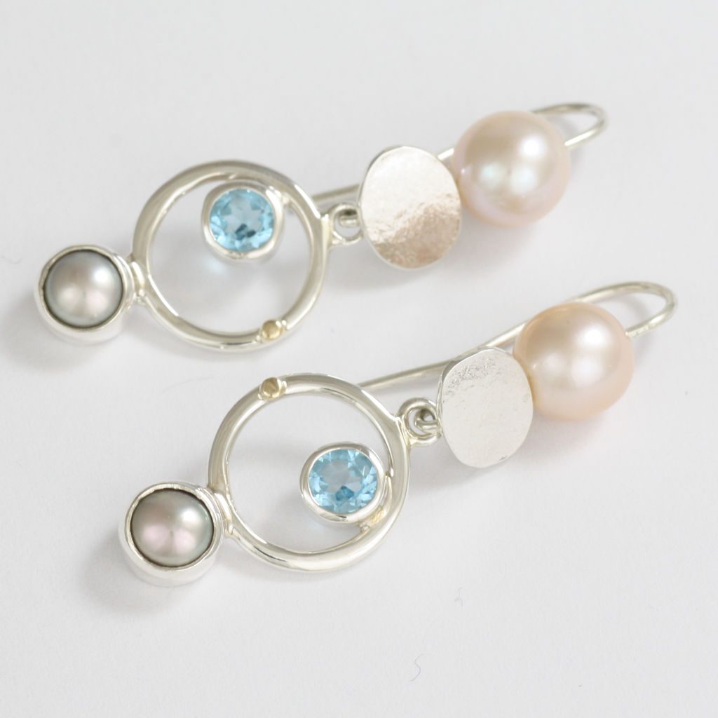 Silver, Gold, Pearl and Blue Topaz Earrings