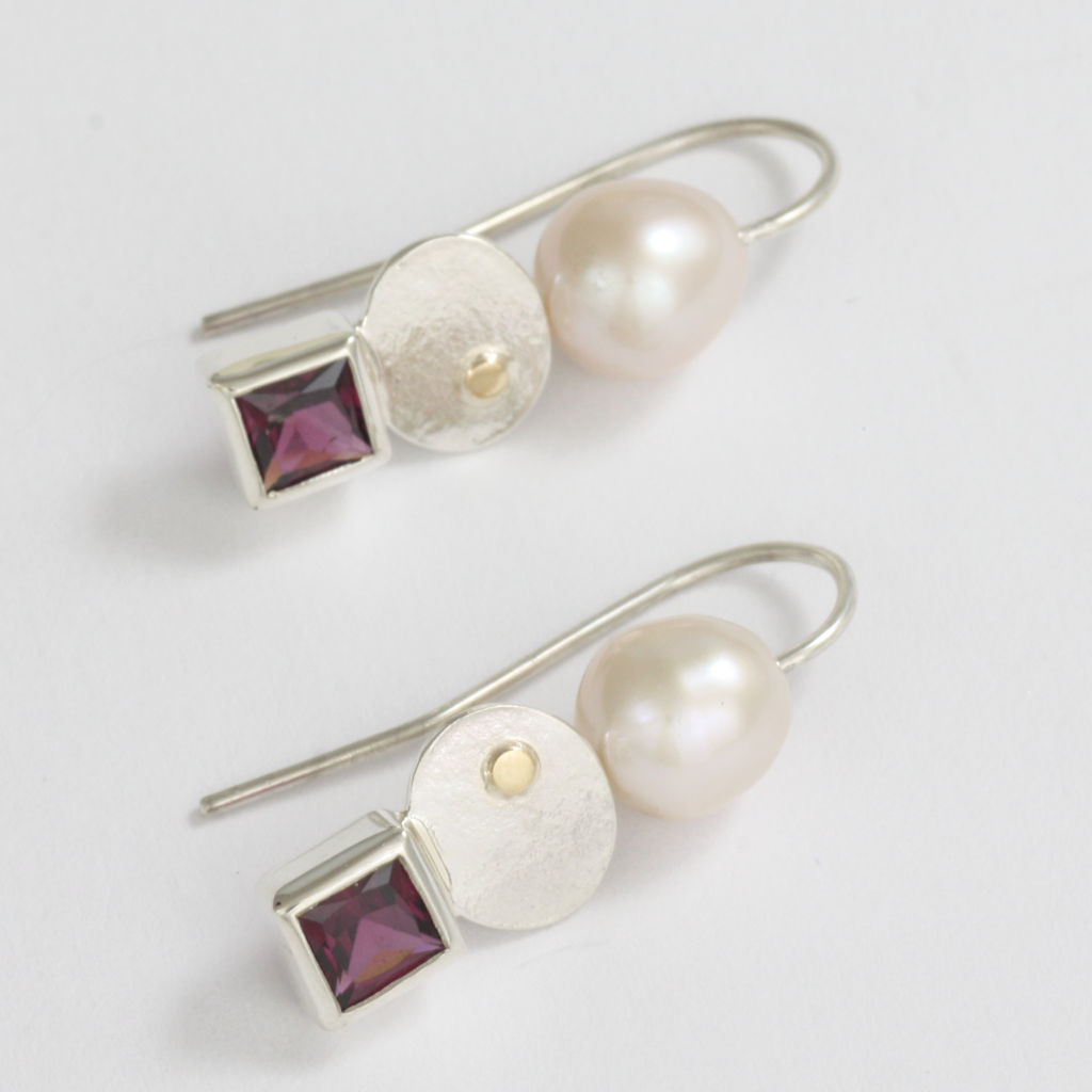 Silver, Gold, Rhodolite Garnet and Pearl Earrings
