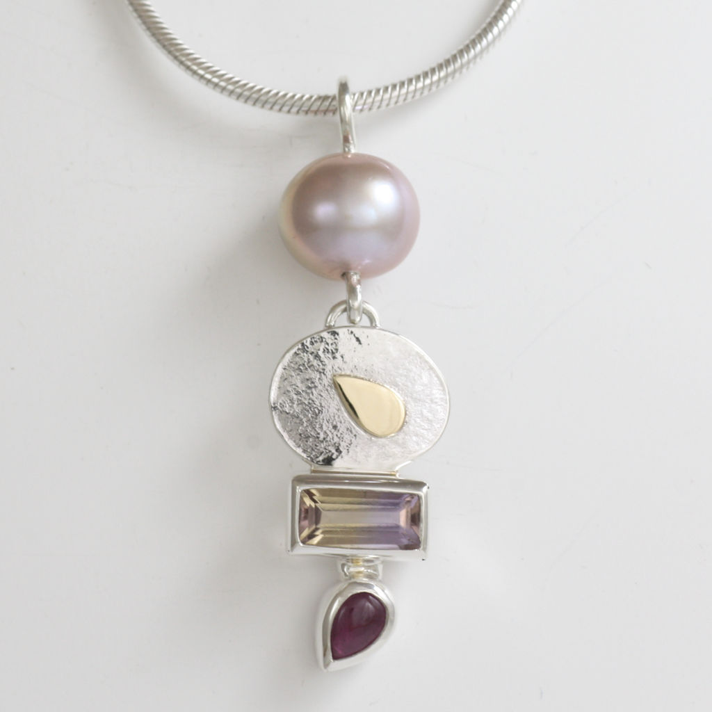Silver, Gold, Ametrine, Garnet and Pearl Necklace