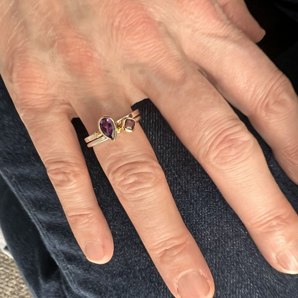 Pair of Silver, Gold, Amethyst and Rhodolite Garnet Rings