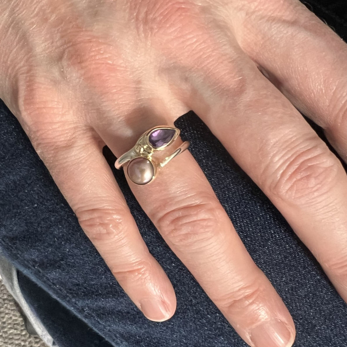 Silver, Gold, Pink Pearl and Amethyst Ring