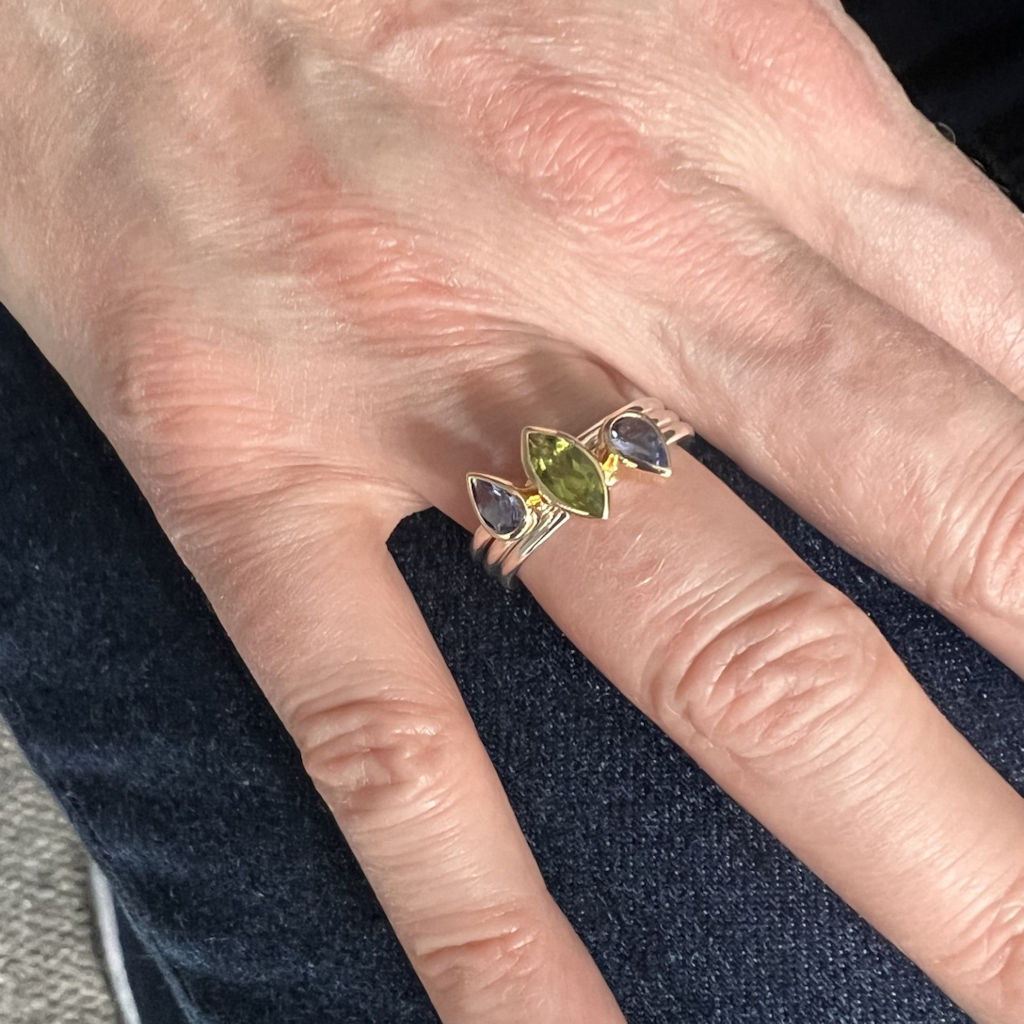 Set of Three Silver, Gold,Peridot and Tanzanite Rings