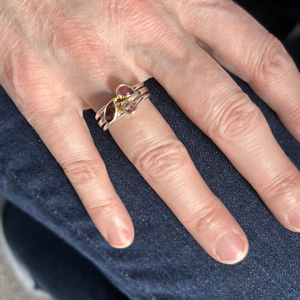 Set of Three Silver, Gold, Pink Tourmaline and Rhodolite Garnet Rings