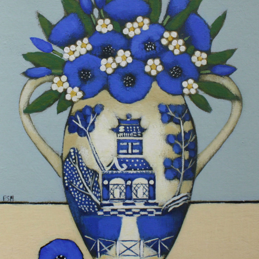 Cornflowers in a Willow Pattern Vase by Fiona Shackleton Millar